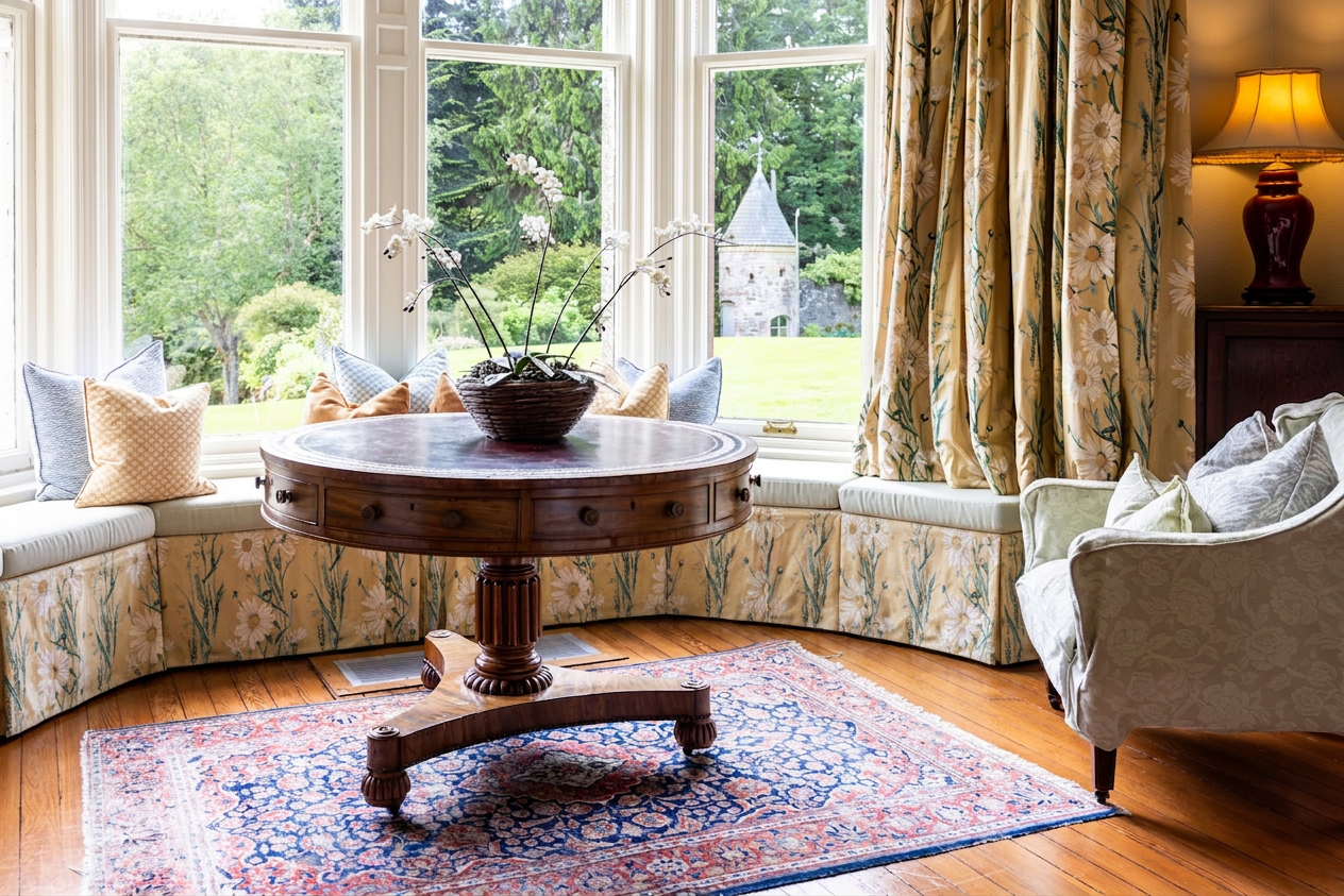 Elegant bay window seating area with a round wooden table overlooking the garden